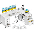 Coleshome L Shaped Computer Desk With 6 Fabric Drawers & Power Outlet, 55 Inch Corner Desk With Reversible Storage Shelf & File Drawer, Home Office Desk, White