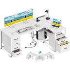 Coleshome L Shaped Computer Desk With 6 Fabric Drawers & Power Outlet, 55 Inch Corner Desk With Reversible Storage Shelf & File Drawer, Home Office Desk, White