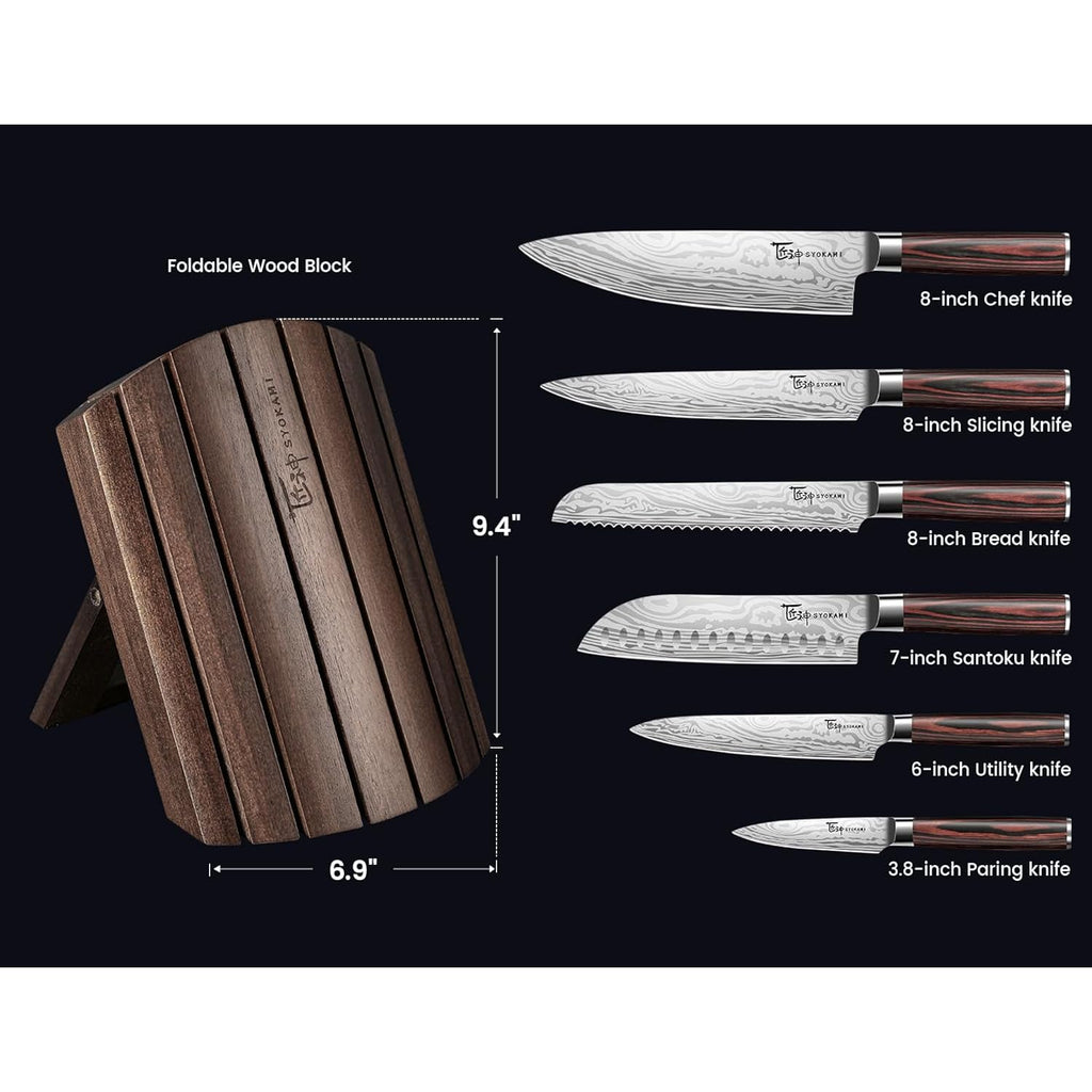 SYOKAMI 2026 Upgrade Knife Set 7 Piece Japanese Style Kitchen Knife Set With Foldable Magnetic Acacia Wood Block Sharp High Carbon Stainless Steel Chef Knives Set with Anti-slip Handle, Ideal for Gift