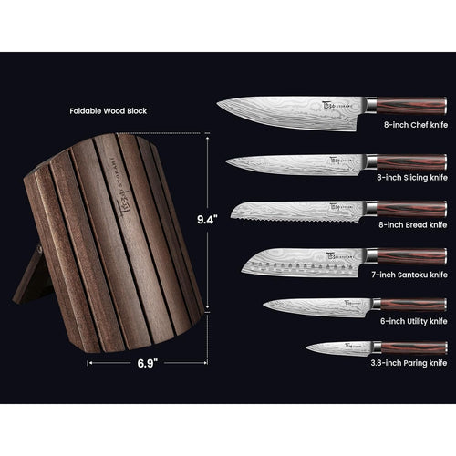 2026 Upgrade Knife Set 7 Piece Japanese Style Kitchen Knife Set With Foldable Magnetic Acacia Wood Block Sharp High Carbon Stainless Steel Chef Knives Set With Anti-Slip Handle, Ideal For Gift