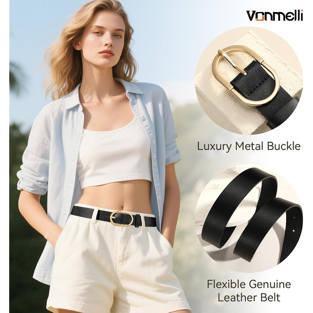 VONMELLI 3 Pack Women's Belts for Jeans Pants Fashion Gold Buckle Ladies Dress Belt