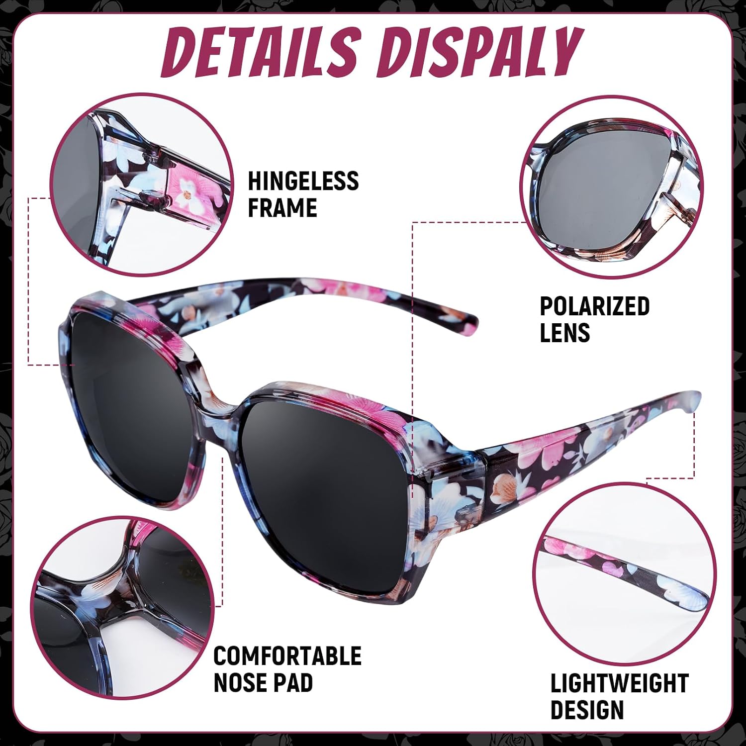 HOVEOX Polarized Fit Over Glasses Sunglasses for Women Prescription Sunglasses to Go Over Glasses UV400 Protection Black Floral-01