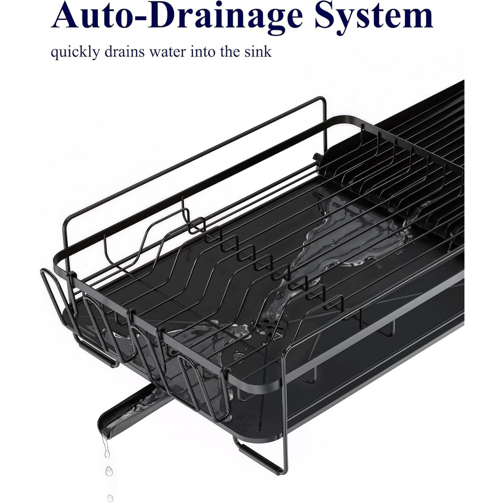 Kitsure Large Dish Drying Rack - Extendable Dish Rack, Multifunctional Dish Rack for Kitchen Counter, Anti-Rust Dish Drainers with Cutlery & Cup Holders 19.2"-26.7" L x 12.9" W, Black