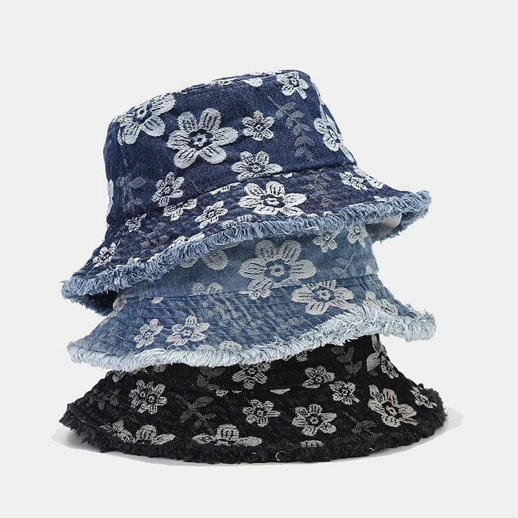 Frayed Unisex Sun Hats, Fashion Beach Bucket Hat for Men Women,Summer Outdoor Boy's Girls Boonie Cap Denim Floral L.blue