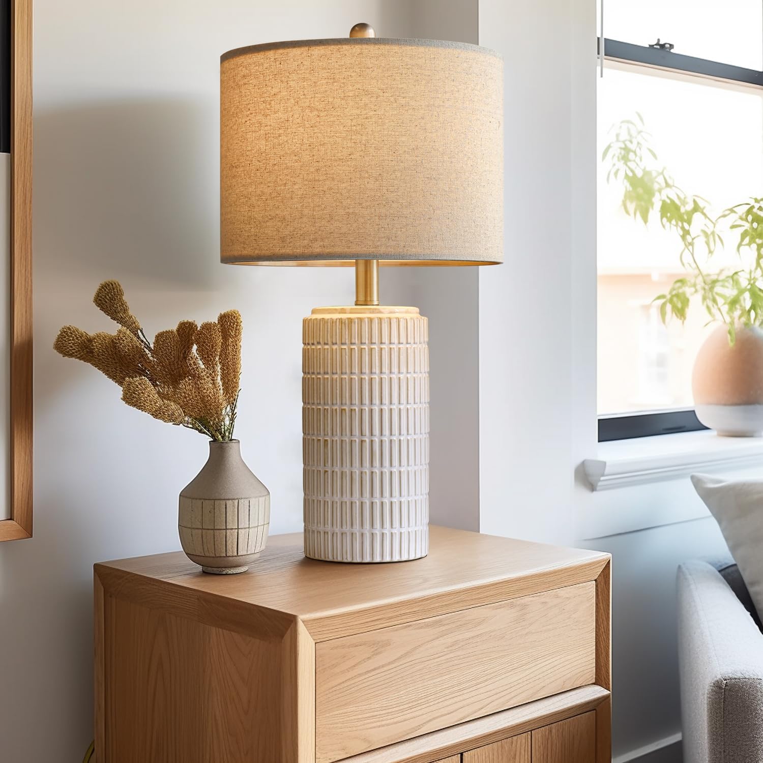 Pokat 23" Modern Ceramic Table Lamp Set Of 2 For Living Room White Desk Lamps For Bedroom Farmhouse Bedside Nightstand Lamp House Warming Gifts New Home Decor End Table Lamps Gifts For Women Mom Beige