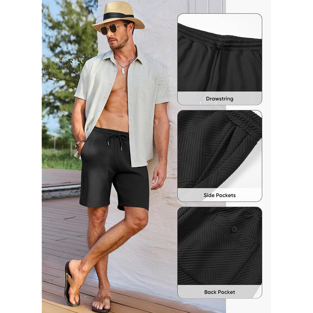 Jmierr Mens Casual 7" Shorts Summer Drawstring Elastic Waist Beach Sweat Shorts Texture With Pockets