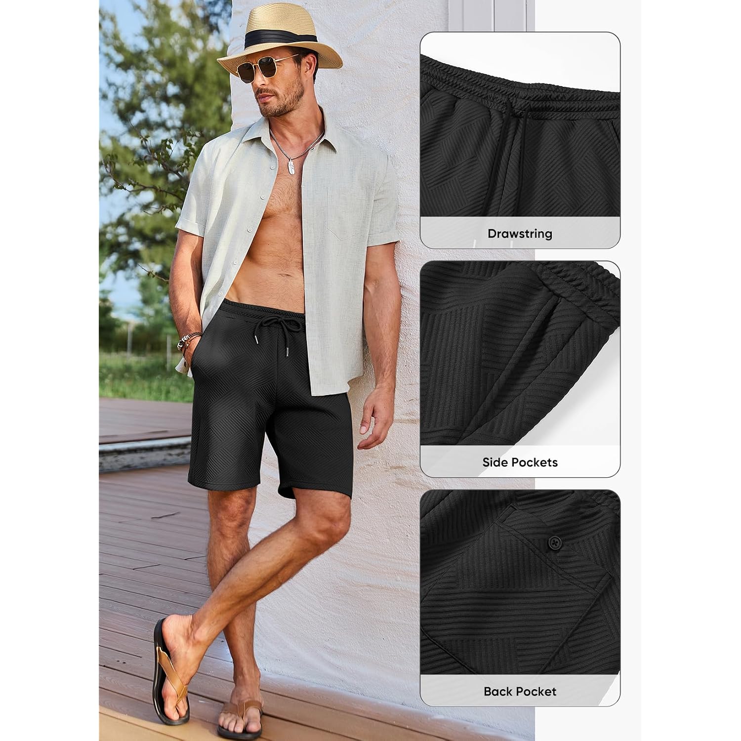Jmierr Mens Casual 7" Shorts Summer Drawstring Elastic Waist Beach Sweat Shorts Texture With Pockets