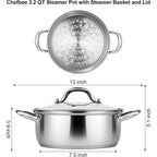 Chefbee Stainless Steel Steamer Pot - 3.2QT Steamer for Cooking with Food Basket, Steaming Cooking Pot Kitchen Cookware for Vegetable, Food, Dumplings, Soup