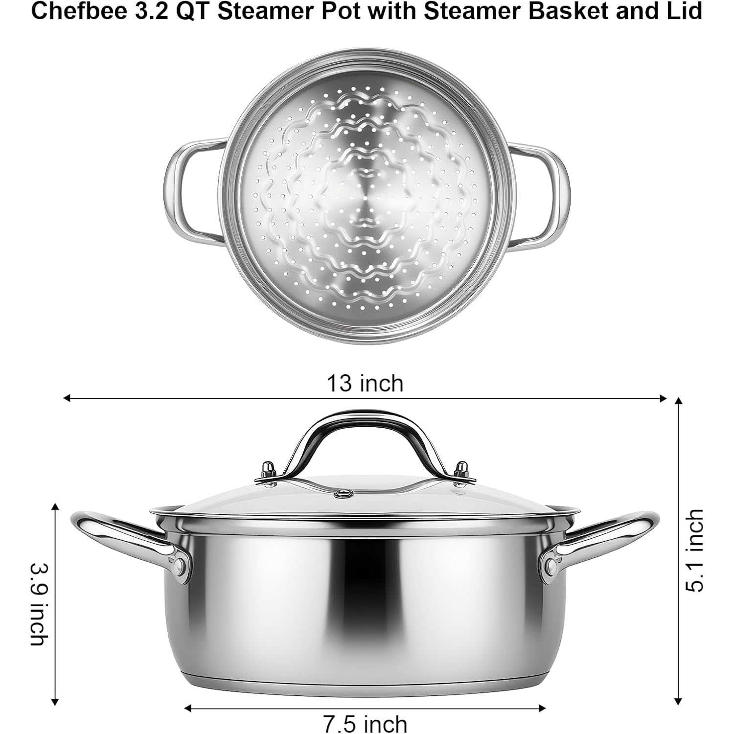 Chefbee Stainless Steel Steamer Pot - 3.2QT Steamer for Cooking with Food Basket, Steaming Cooking Pot Kitchen Cookware for Vegetable, Food, Dumplings, Soup