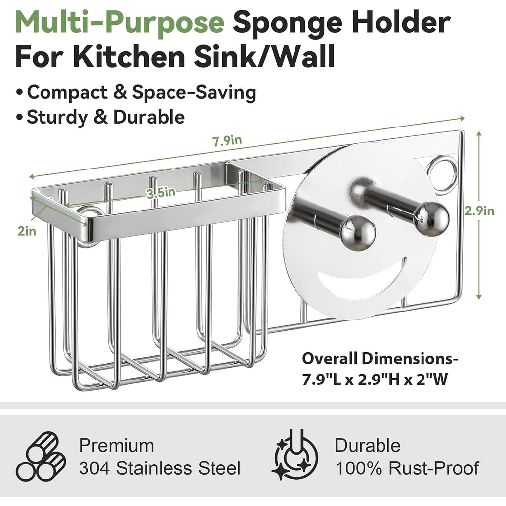 [Space Saving] Sponge Holder For Kitchen Sink, Great For Scrub Daddy / Scrub Mommy Sponges, Rust-Proof Sink Sponge Caddy Organizer For Dish Brush, Scrubber - 2 Mounting Options (Suction Cups & Hooks)