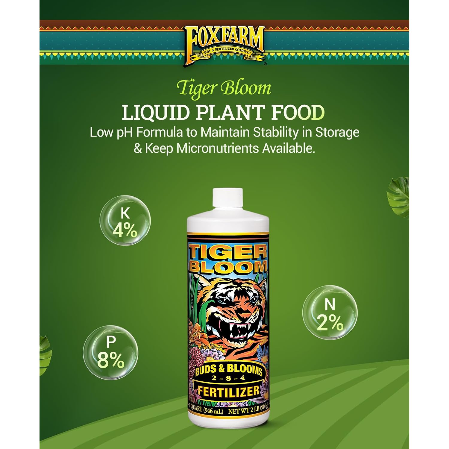 Foxfarm Tiger Bloom Liquid Plant Food - Phosphorus Fertilizer For Buds, Blooms & Flowering - Supports Soil & Hydroponic Systems - High Micronutrient Formula With 2-8-4 Nutrient Ratio - 1 Quart