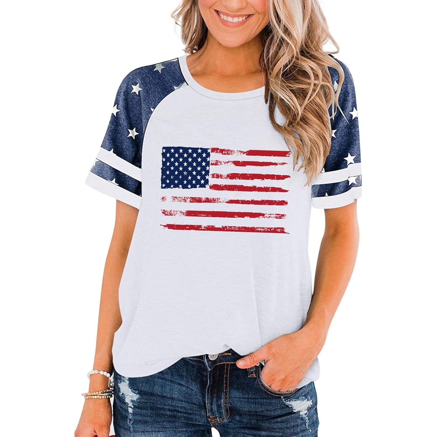 Patriotic Shirts for Women 4th of July T Shirts American Flag Graphic Tees Tops Raglan Short Sleeve Fourth of July Outfits