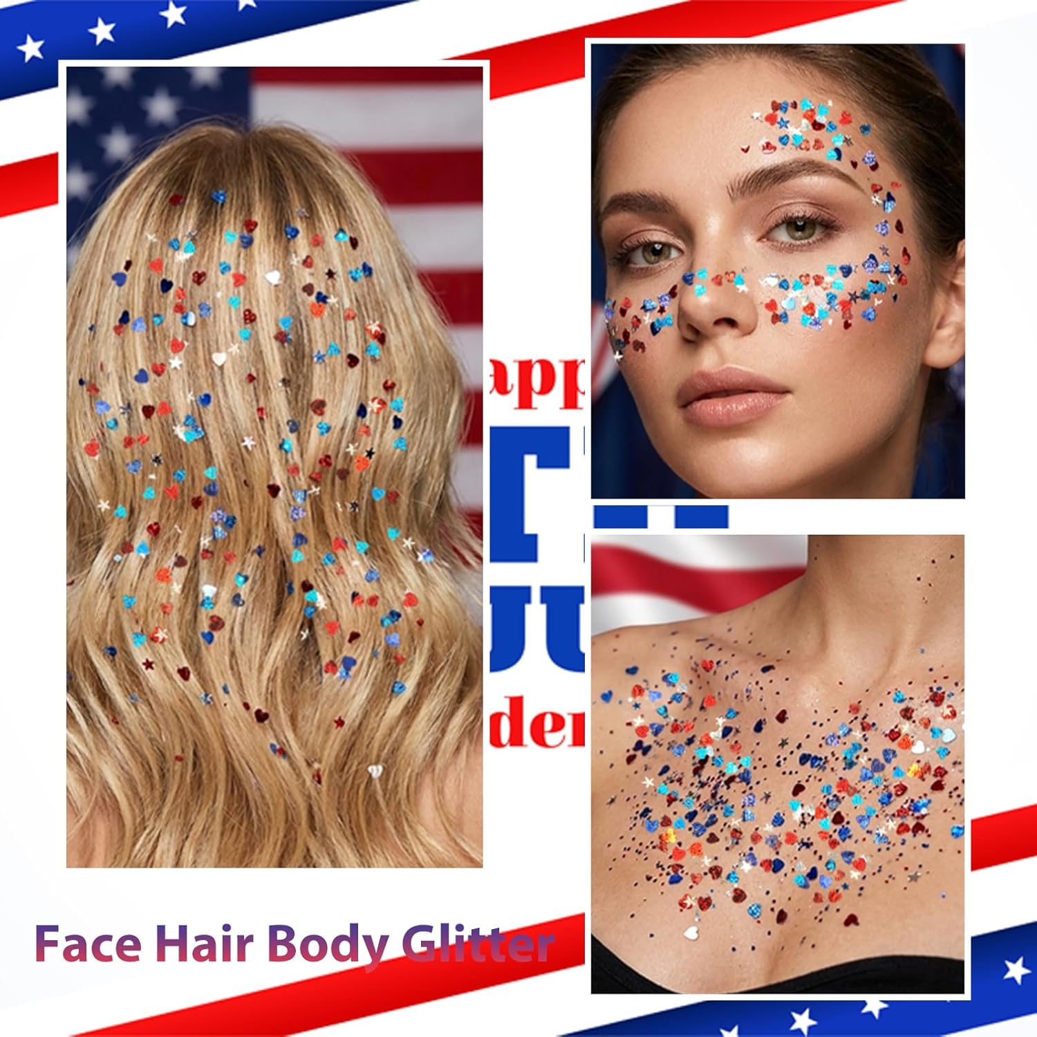 Mysense Red White and Blue Face Hair Body Glitter Stick with Heart & Star Sequins,4th of July Outfits for Women Kids,Patriotic USA Accessories for Independence Day Memorial Day 250 Anniversary