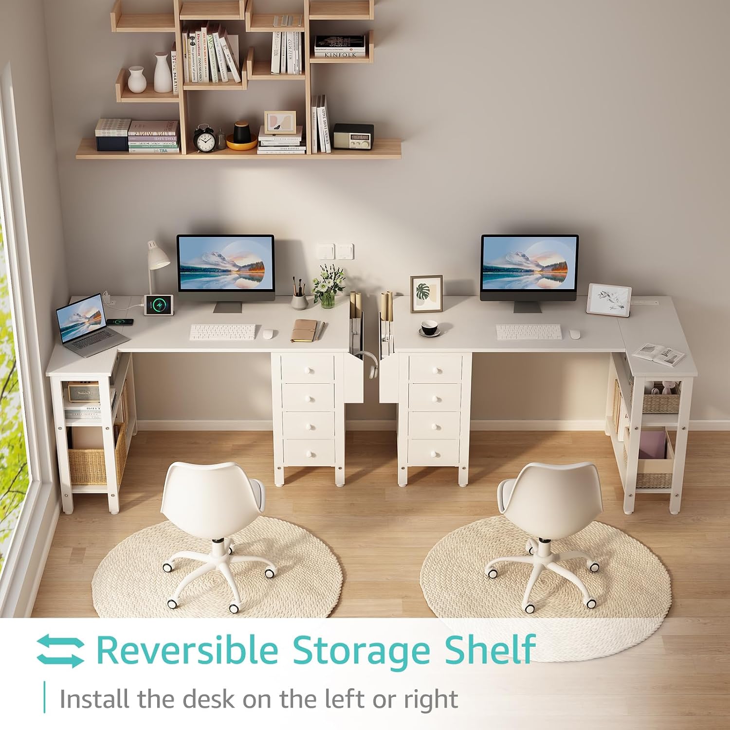 Lufeiya White L Shaped Computer Desk With Drawers & Storage Shelves, 47 Inch Corner Reversible Desk With Power Outlet For Home Office Bedroom, L-Shaped Teen Pc Desks With Fabric Drawer, White