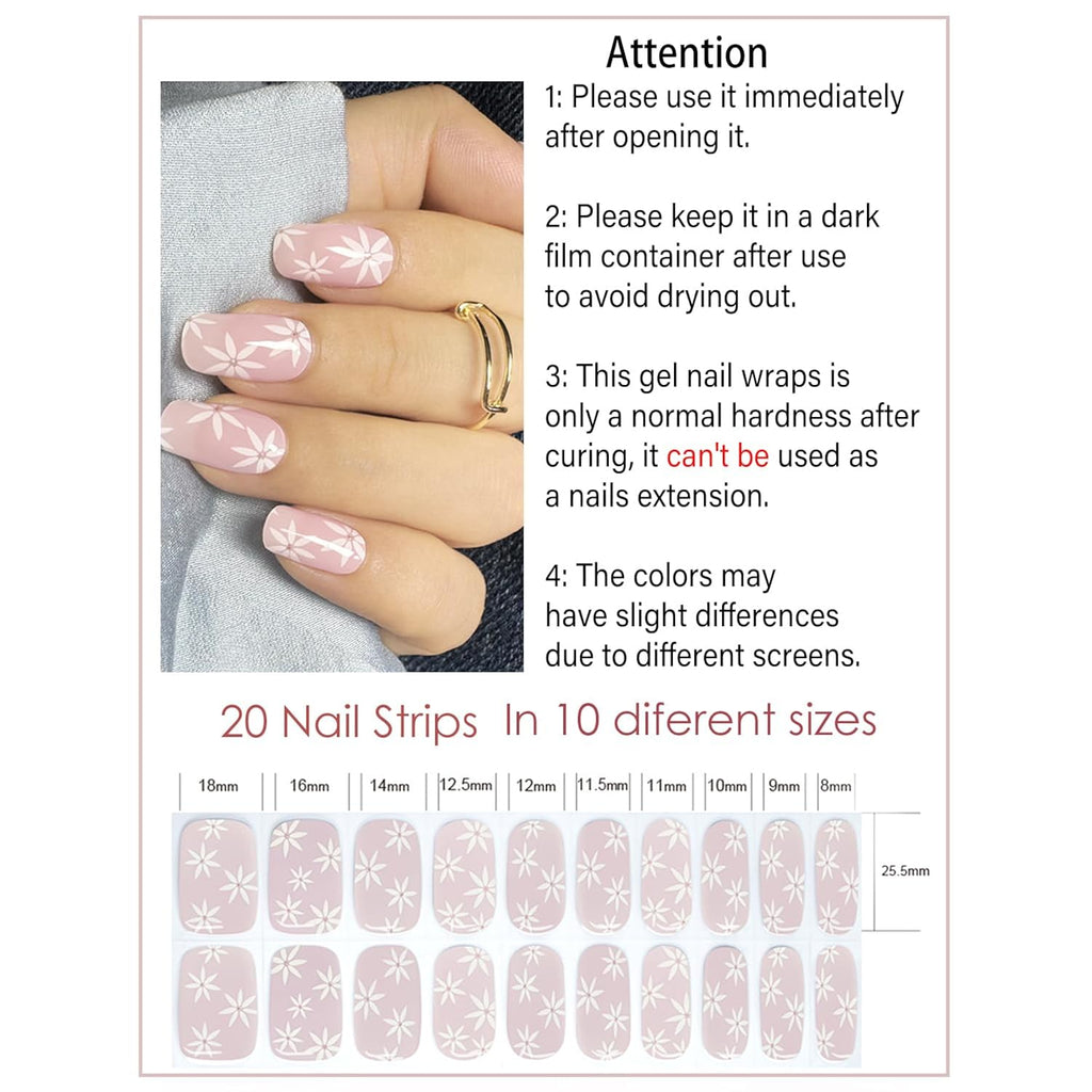 Semi Cured Gel Nail Strips, Pink Summer Flower 20pcs Semi Cured Gel Nails Sticker, Gel Nail Wraps UV for Home Nails DIY