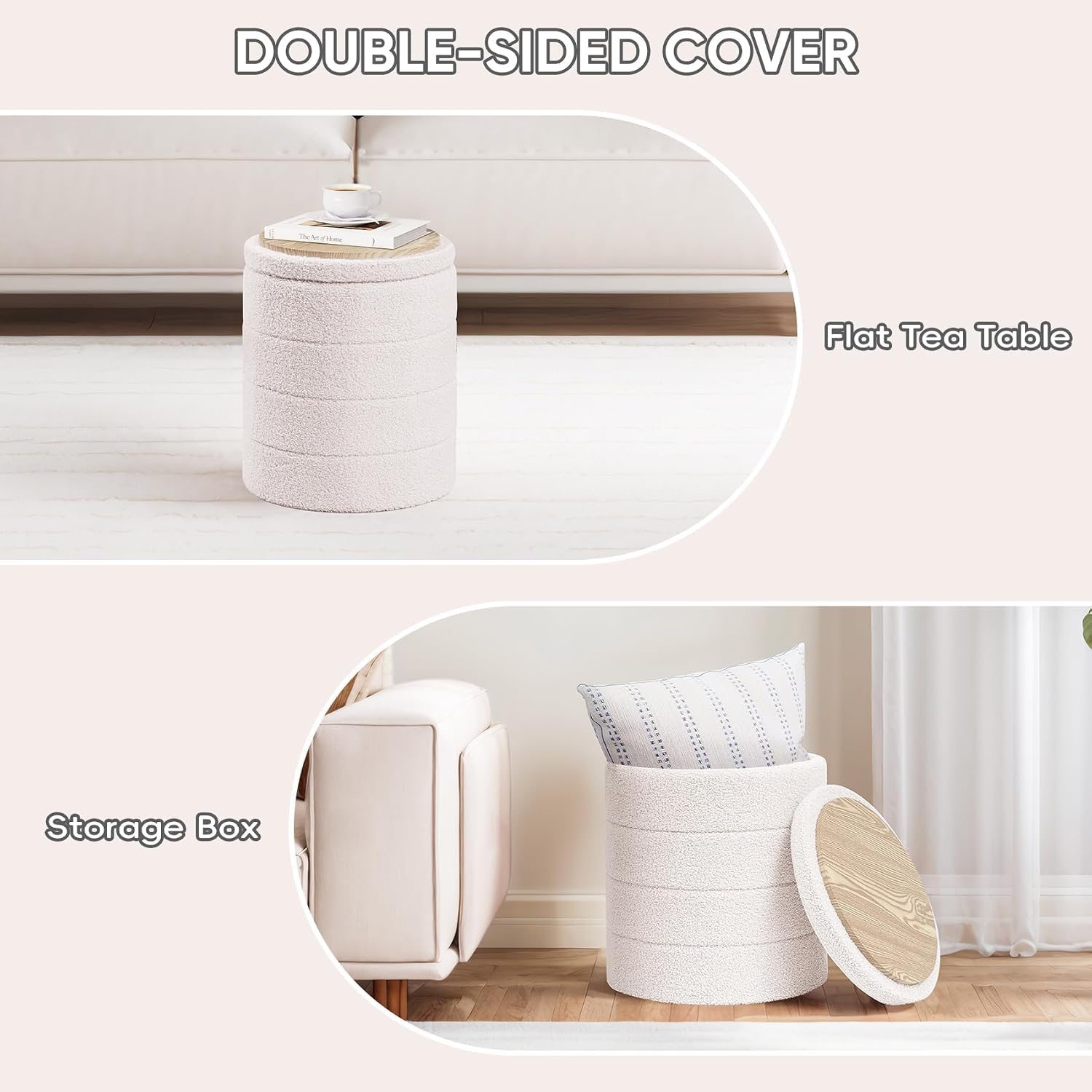 Round Storage Ottoman Foot Rest Stool With Tray Velvet Sherpa Folding Storage Ottoman,Boucle Foot Rest For Living Room, Bedroom, Dorm（White）