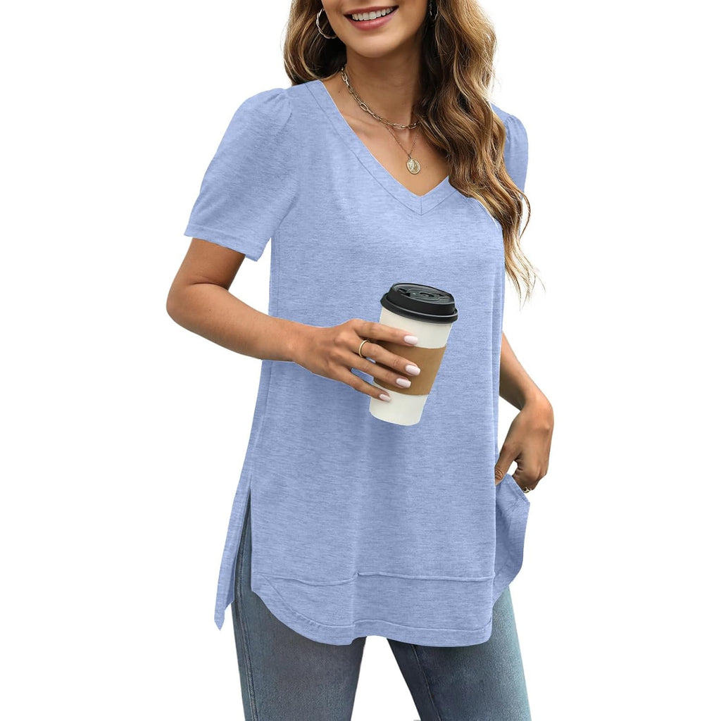 Summer Tops for Women Short Sleeve V Neck Shirts Side Split Loose Casual Tunic Tops