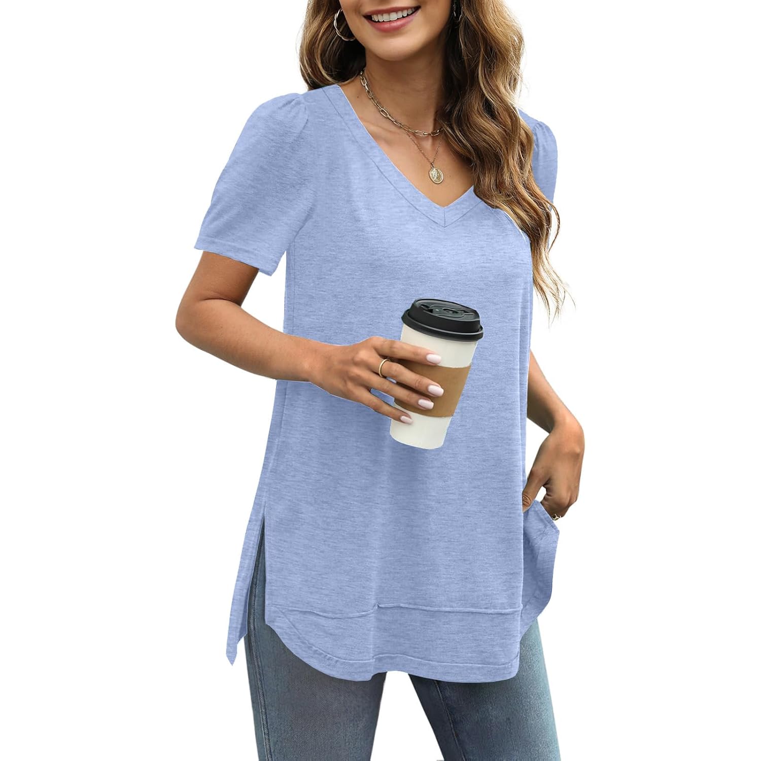 Summer Tops for Women Short Sleeve V Neck Shirts Side Split Loose Casual Tunic Tops
