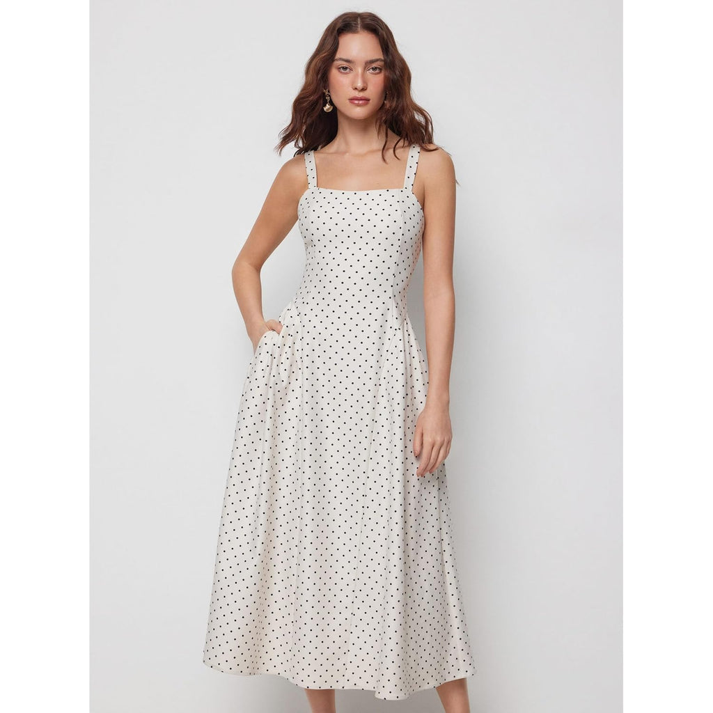 Cider Womens Polka Dots Summer Casual Dresses Square Neck Sleeveless Midi A Line Elegant Dress