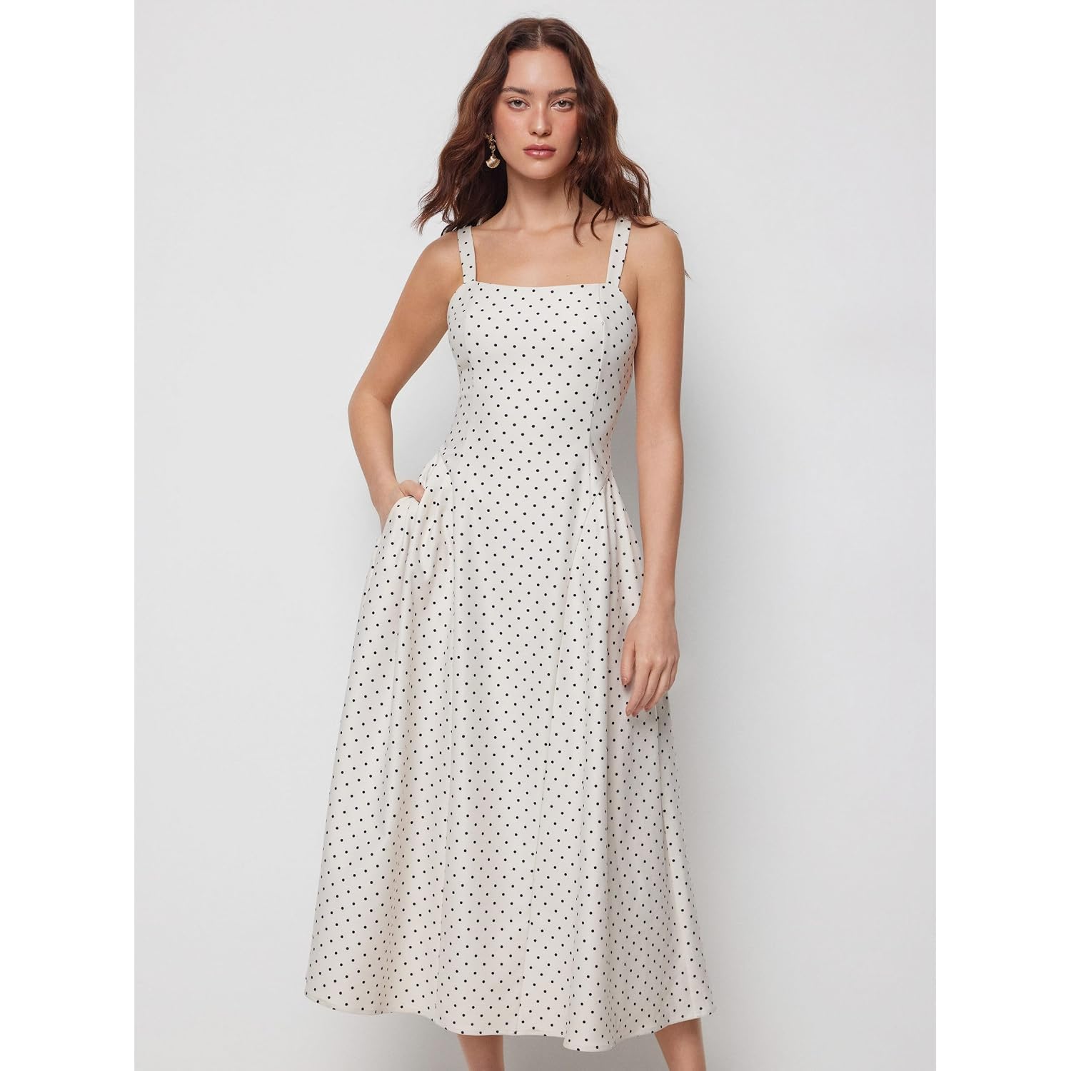 Cider Womens Polka Dots Summer Casual Dresses Square Neck Sleeveless Midi A Line Elegant Dress