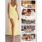 Women Sexy V Neck Sleeveless Mesh Ruffle Hem Bodycon Maxi Casual Backless High Slit Cocktail Party Dress