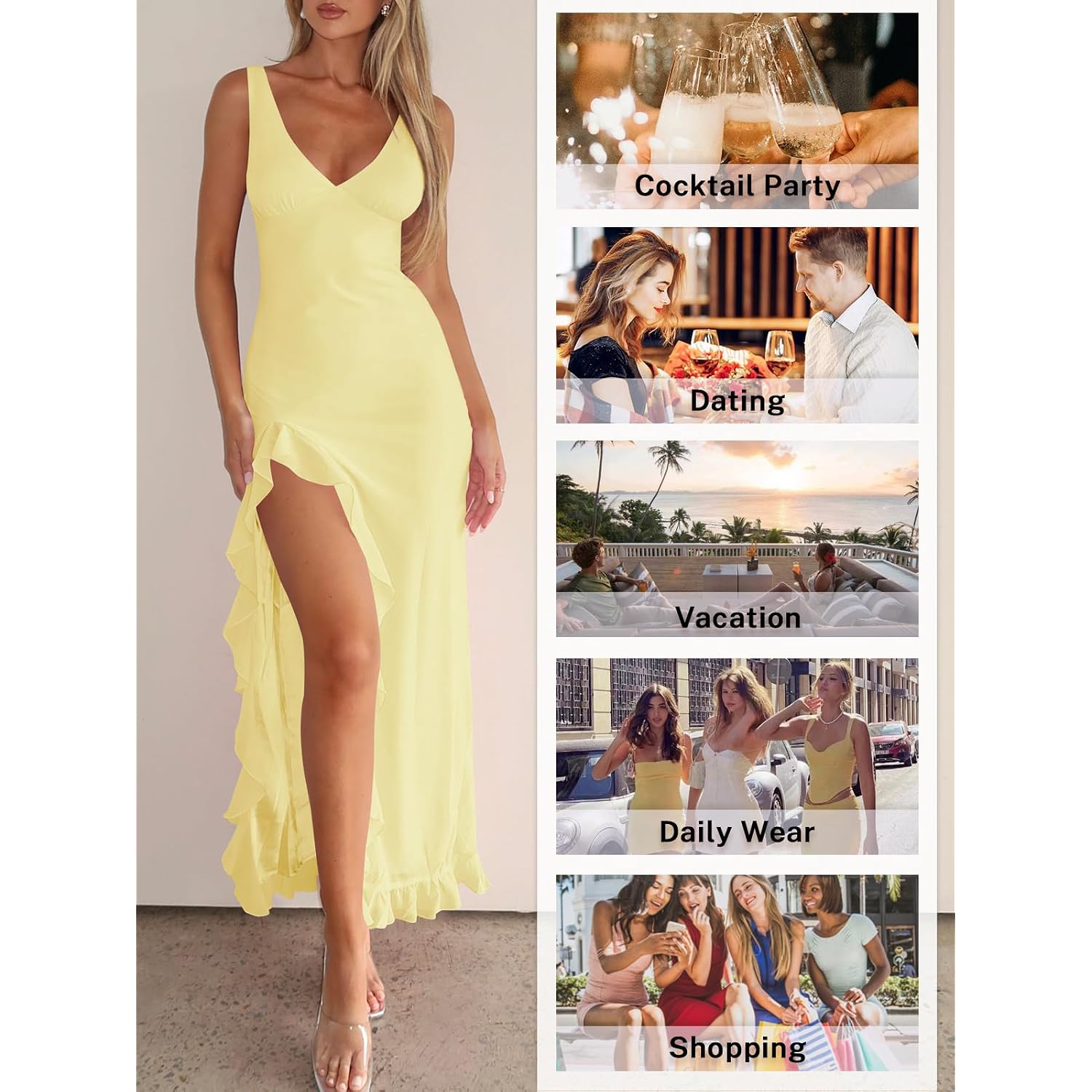 Women Sexy V Neck Sleeveless Mesh Ruffle Hem Bodycon Maxi Casual Backless High Slit Cocktail Party Dress