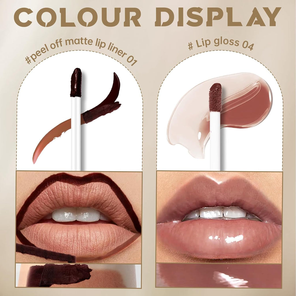 HOSAILY Peel Off Lip Liner Stain Tattoo, Long Lasting Waterproof Lip Stain Peel off, Tattoo Nude Lip Liner and Lip Gloss Combo, Non-Stick Cup Nourishing Lip Gloss Set Lipstick Makeup