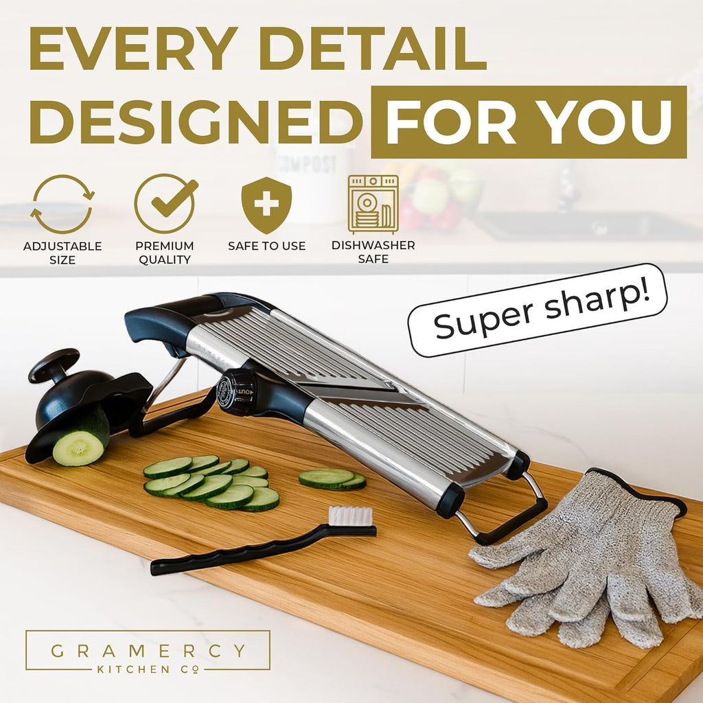Gramercy Adjustable Mandoline Food Slicer, Mandoline Slicer For Kitchen, Mandolin, Potato, Tomato, Carrot, Vegetable, Fruit And Onion Cutter - Stainless Steel - Including 1 Pair Cut-Resistant Gloves