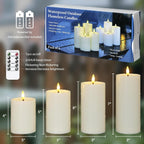 Outdoor 4Pcs Flameless Waterproof Candles With Handy Remote Control, Cycle Timer Battery Operated Candle Grease Effect Led Flickering Pillar Plastic Long Lasting (Ivory, 3" X4" 5" 6" 7")