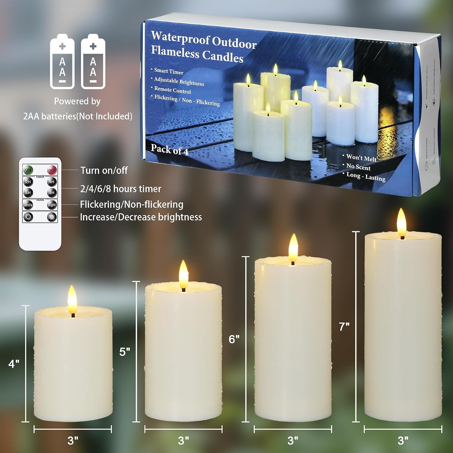 Outdoor 4Pcs Flameless Waterproof Candles With Handy Remote Control, Cycle Timer Battery Operated Candle Grease Effect Led Flickering Pillar Plastic Long Lasting (Ivory, 3" X4" 5" 6" 7")