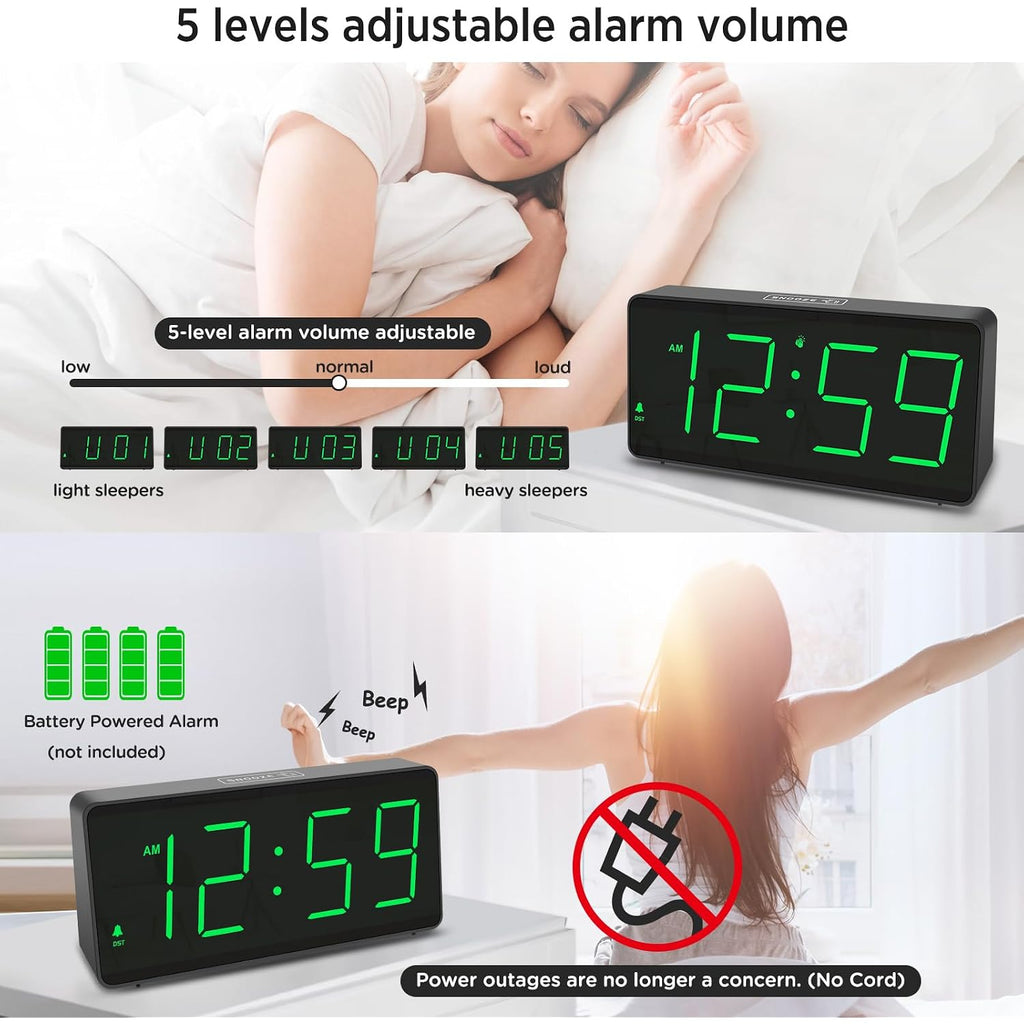 Peakeep Battery Operated Digital Alarm Clock For Bedrooms Big Numbers | Cordless Large Display Auto Dimming For Seniors, Adjustable Volume Loud Alarm Clock For Heavy Sleepers Adults (Green Digits)