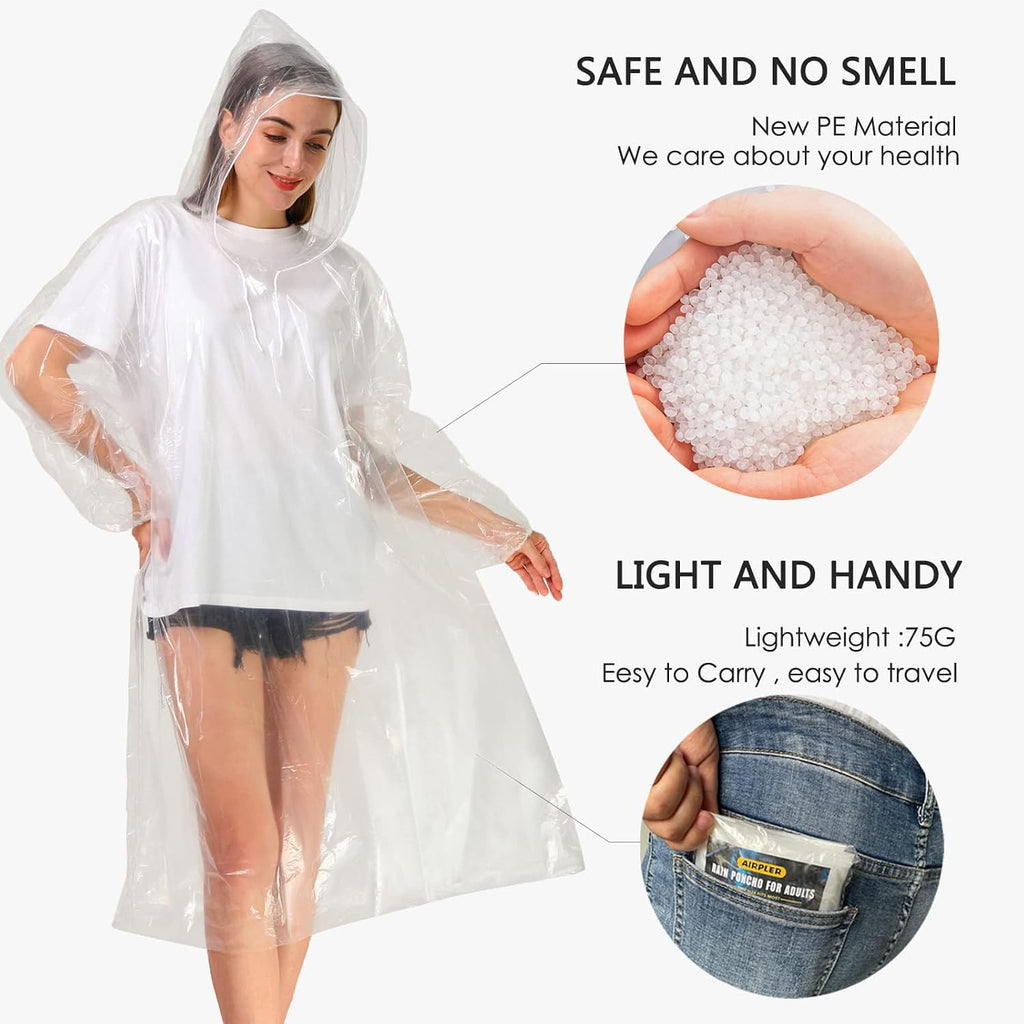 Disposable Rain Ponchos For Adults, Clear Poncho With Hood, Emergency Raincoats For Hiking, Camping, Travel
