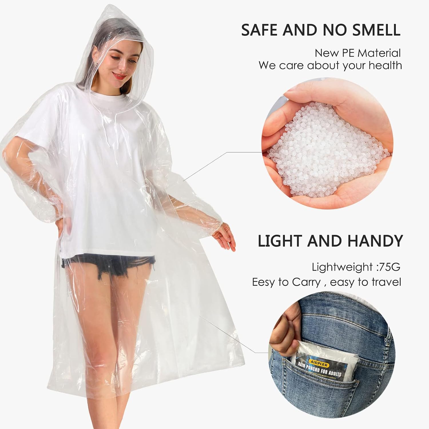 Disposable Rain Ponchos For Adults, Clear Poncho With Hood, Emergency Raincoats For Hiking, Camping, Travel