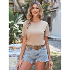 Prettygarden Women'S Short Sleeve Casual T Shirts Summer Ruffle Plain Round Neck Loose Fit Tee Blouse Tops