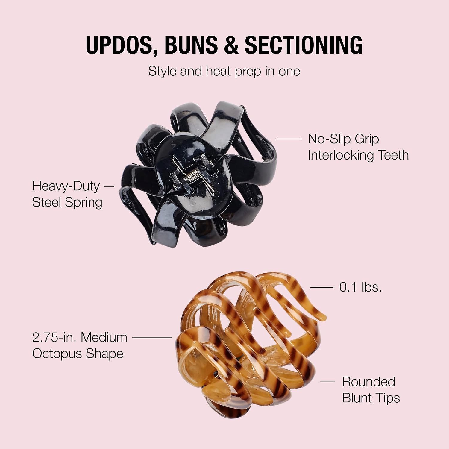 Scunci By Conair Jaw Claw Clips - Hair Accessories For Women - Claw Clips For Thick Hair - Claw Clip - Black & Tortoise- 2 Count | Strong Interlocking Octopus-Style Teeth Provide Secure, Slip-Free Updos, Black & Tortoise, 2-Count