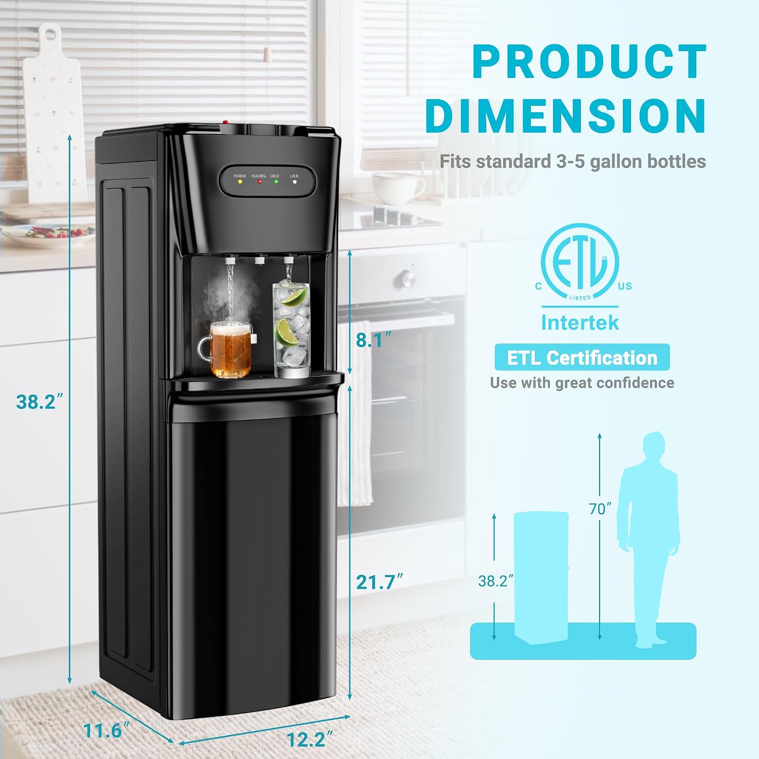 Bottom Loading Water Cooler Dispenser，3 Temperature Settings - Hot, Cold & Room, Empty Bottle Indicator, Child Safety Lock, Ideal For Office, Home, Living Room, Matte Black