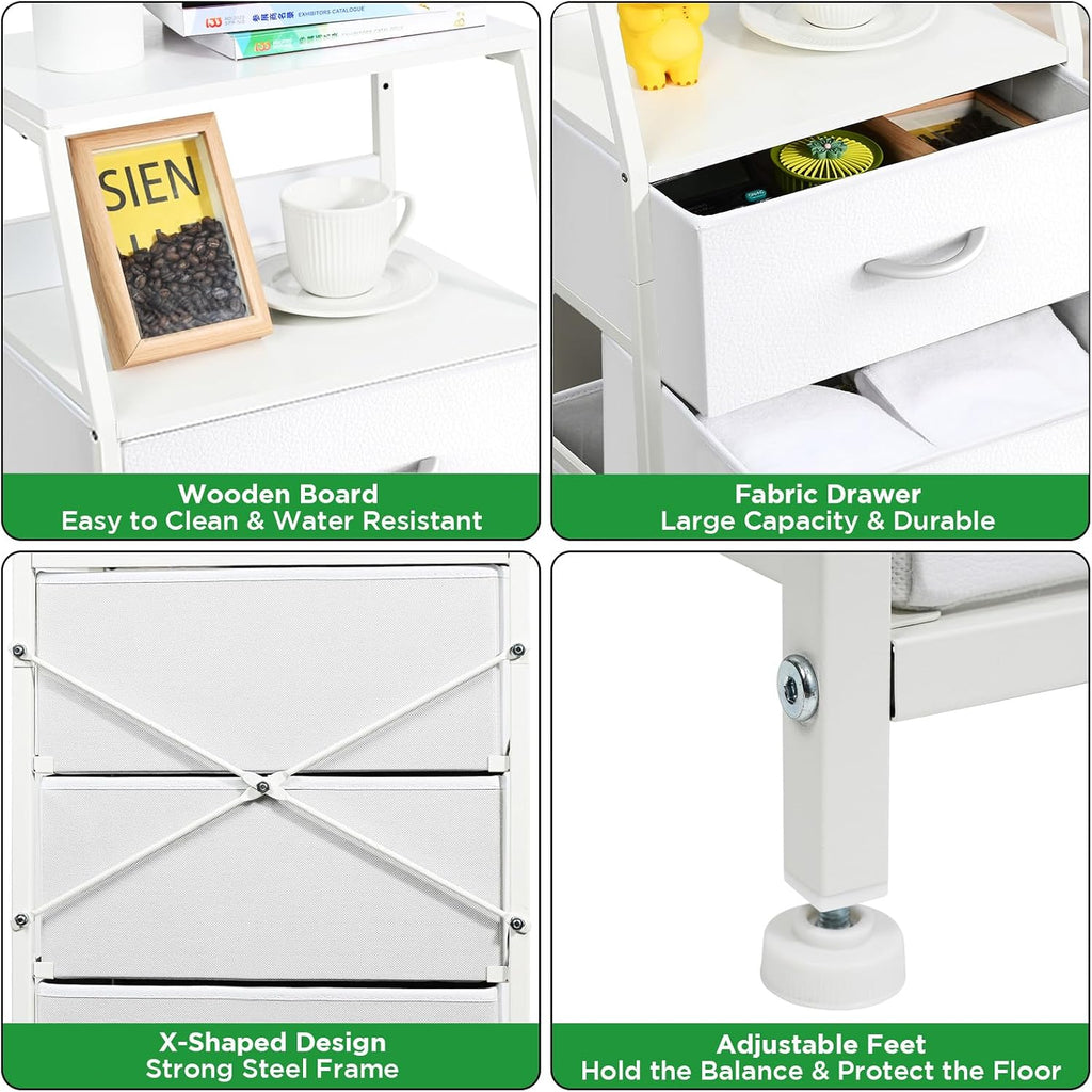 White Dresser For Bedroom, Storage Organizer With 5 Drawers, Vertical Fabric Storage Stand, Nightstand Bedside Table, Sturdy Steel Frame & Wooden Top