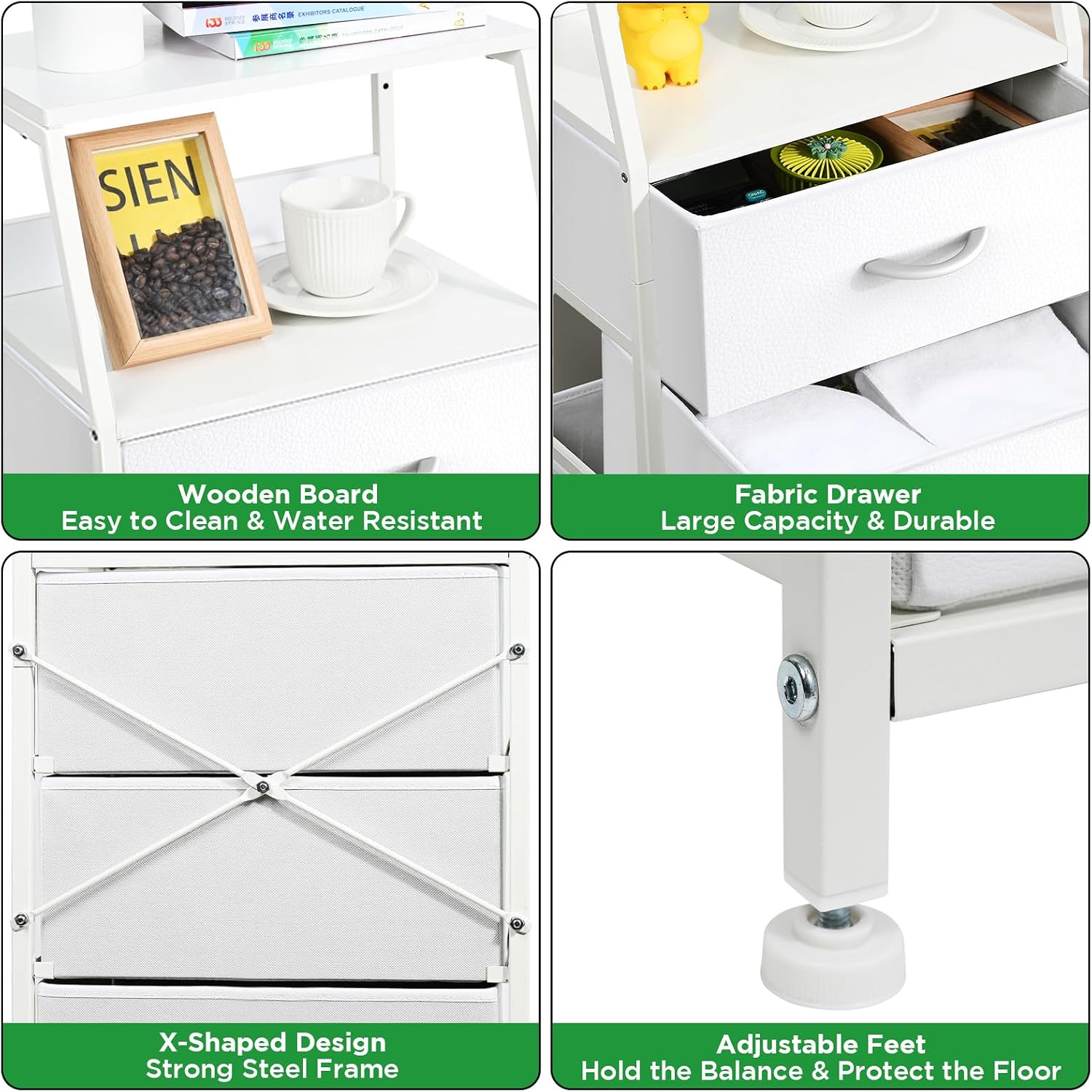 White Dresser For Bedroom, Storage Organizer With 5 Drawers, Vertical Fabric Storage Stand, Nightstand Bedside Table, Sturdy Steel Frame & Wooden Top