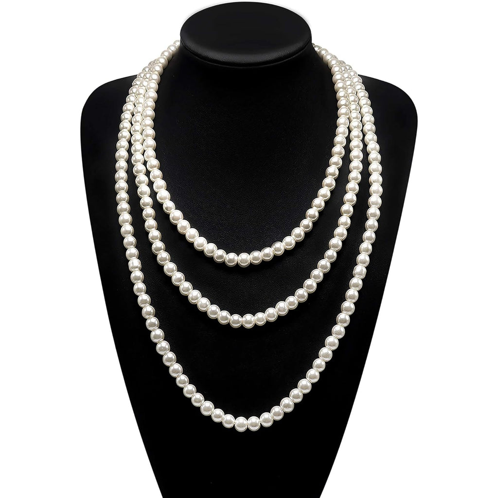 Long Pearl Necklaces for Women Cream White Faux Pearl Strand Layered Necklace Costume Jewelry