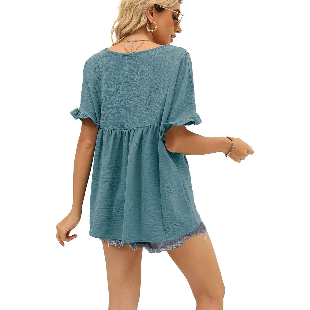 WIHOLL Womens Tops Casual V Neck Ruffle Sleeve T Shirts Babydoll Loose Fit Peplum Tops