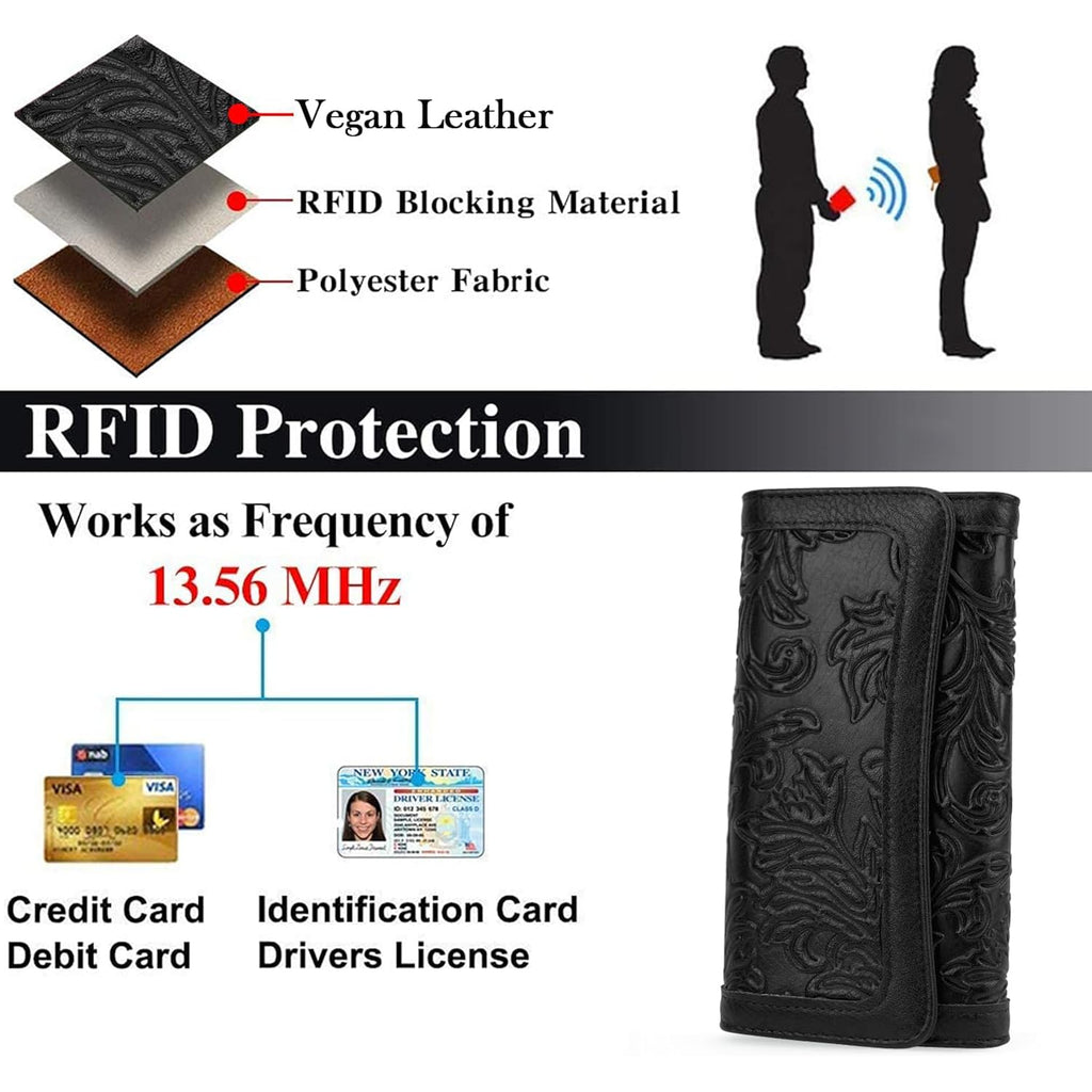 MEITRUE Women's Wallet Leather RFID Blocking Trifold Ladies Purse Embossed long Clutch Card Holder Phone Checkbook Organizer