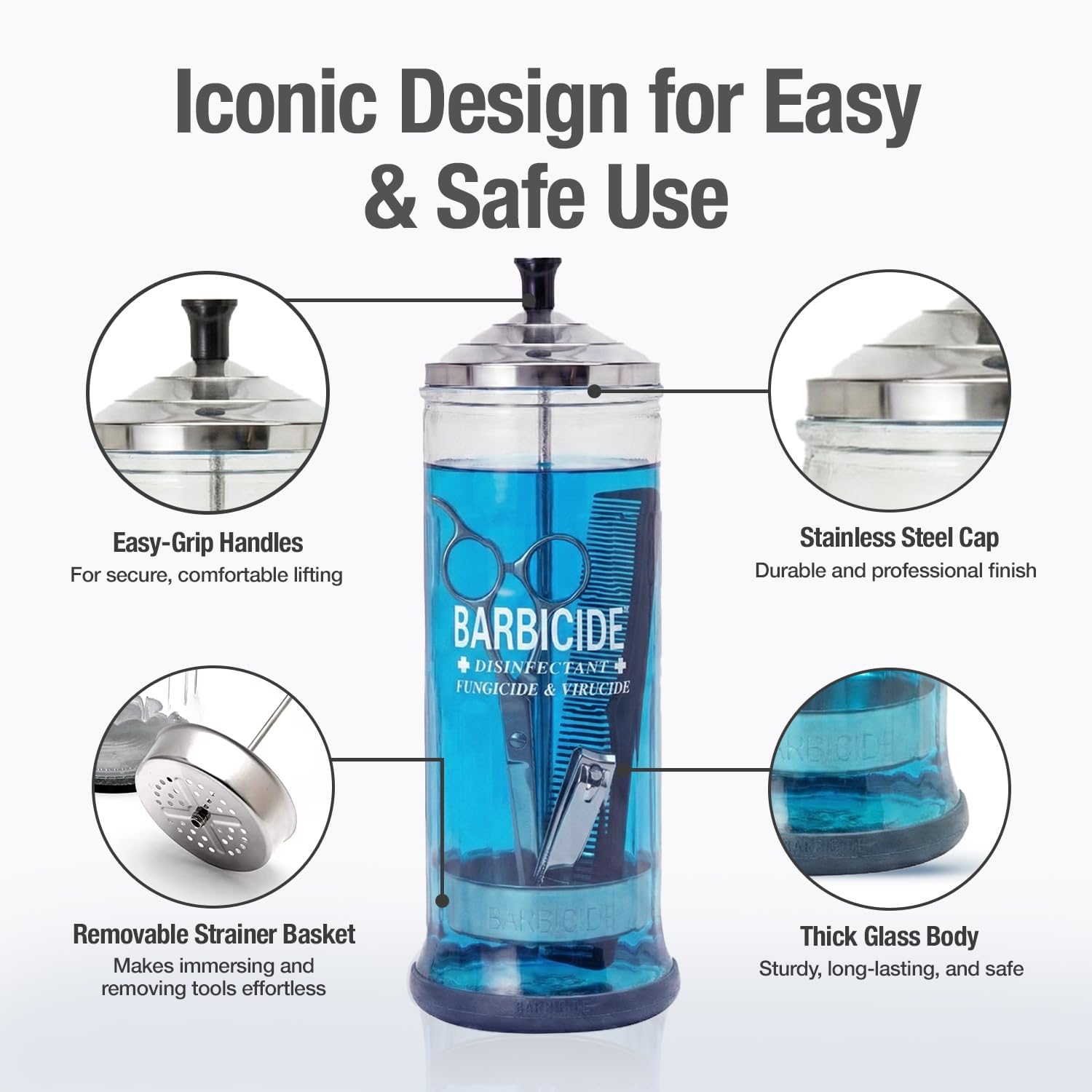 BARBICIDE Disinfecting Jar (Large - 37 Fl Oz) – Durable Glass Immersion Container with Stainless Steel Lid &Tray – Professional Tool Sanitizer for Combs, Brushes, Nail Tools & Implements