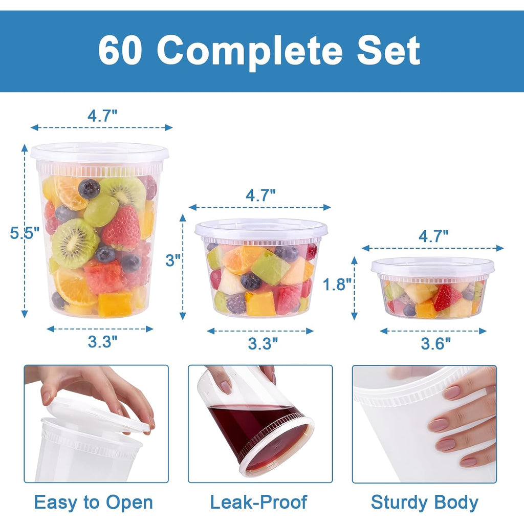 60 Sets Deli Containers With Lids, 8/16/32 Oz Quart Containers Bpa Free, Airtight Takeout Plastic Food Storage Container, Stackable Leakproof Microwave & Freezer Safe For Soup, Sauce & Leftover