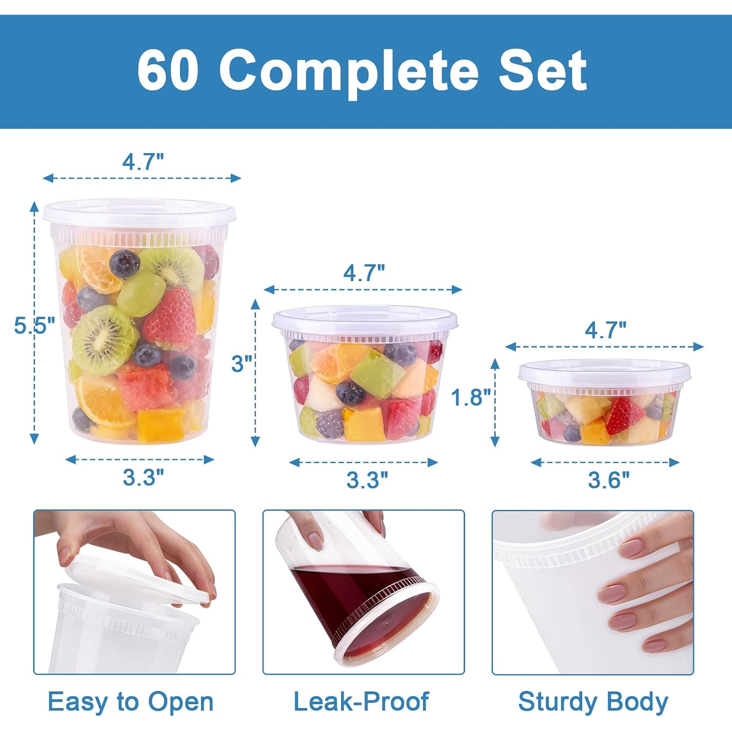 60 Sets Deli Containers With Lids, 8/16/32 Oz Quart Containers Bpa Free, Airtight Takeout Plastic Food Storage Container, Stackable Leakproof Microwave & Freezer Safe For Soup, Sauce & Leftover