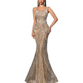 Women'S Square Neck Sequin Beaded Mermaid Formal Evening Dress Spaghetti Strap Bodycon Prom Party Cocktail Maxi Gown