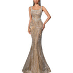 Women'S Square Neck Sequin Beaded Mermaid Formal Evening Dress Spaghetti Strap Bodycon Prom Party Cocktail Maxi Gown