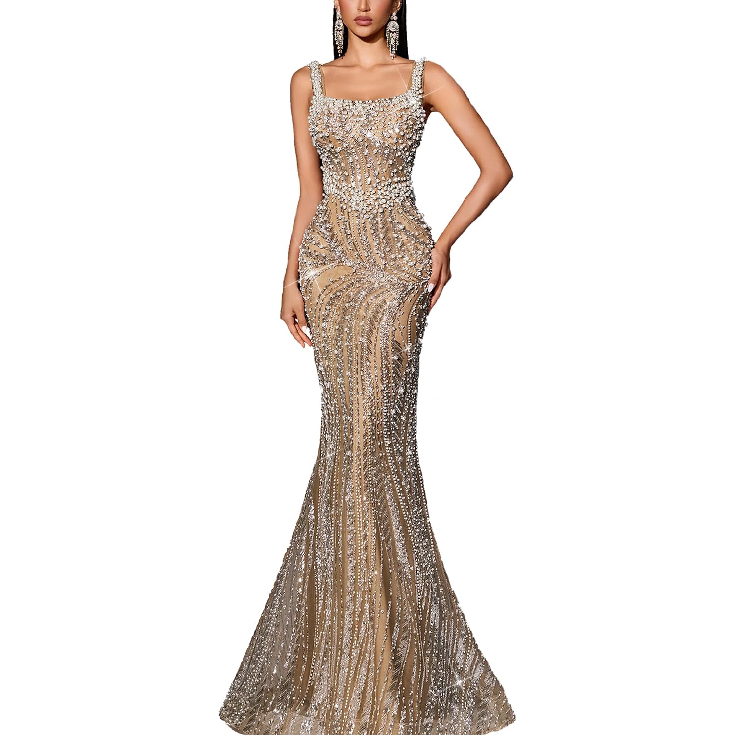 Women'S Square Neck Sequin Beaded Mermaid Formal Evening Dress Spaghetti Strap Bodycon Prom Party Cocktail Maxi Gown