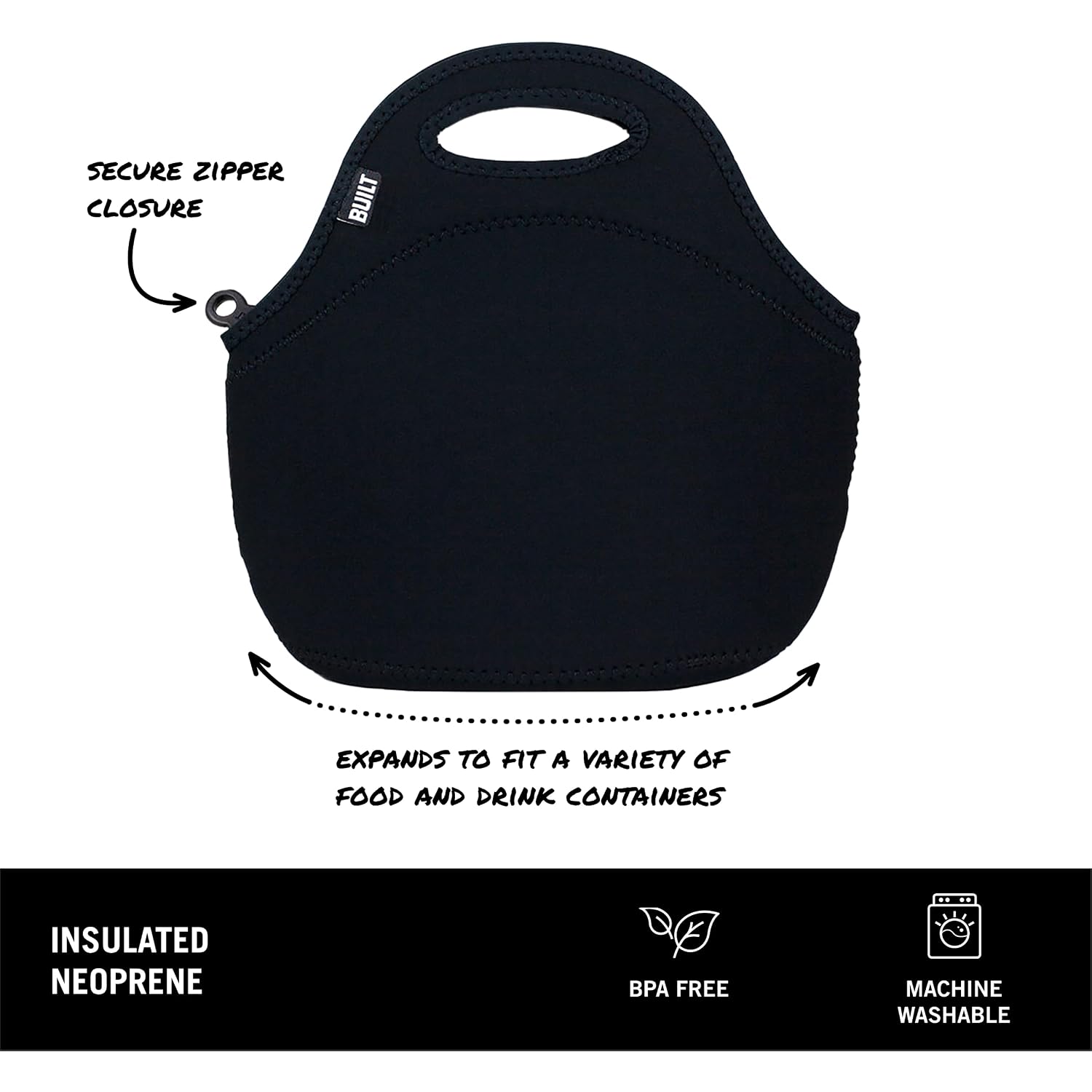 Built Gourmet Getaway Lunch Bag - Insulated Neoprene Lunch Box For Women And Men, Collapsible And Machine Washable, Black