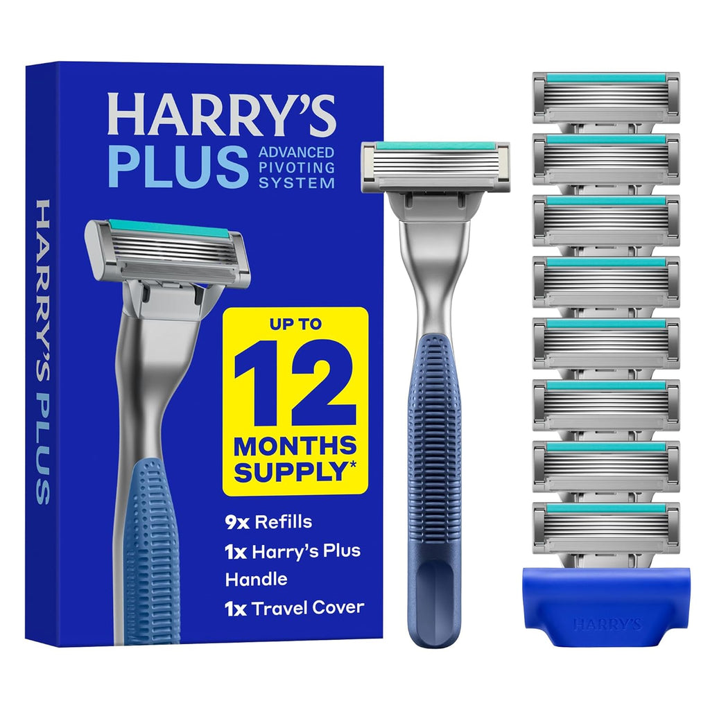 Harry's Plus Razor and Blade Value Pack, 1 Razor Handle (Tide), 9 Razor Blade Refill Cartridges- German Engineered- Up to 12 Months of Smooth Shaving