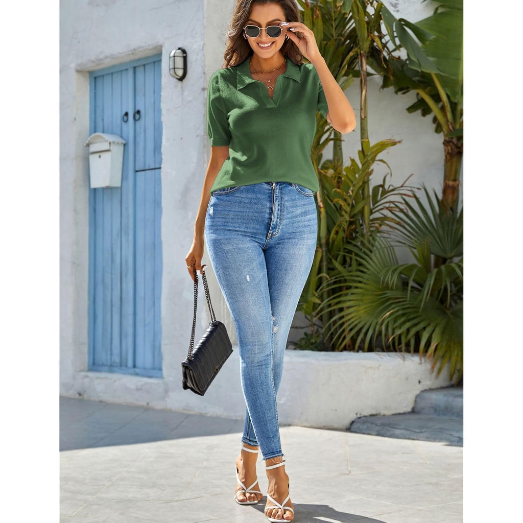 Kate Kasin Women Short Sleeve Polo Sweater V Neck Knitted Tops Casual Ribbed Shirt Loose Pullover Sweater